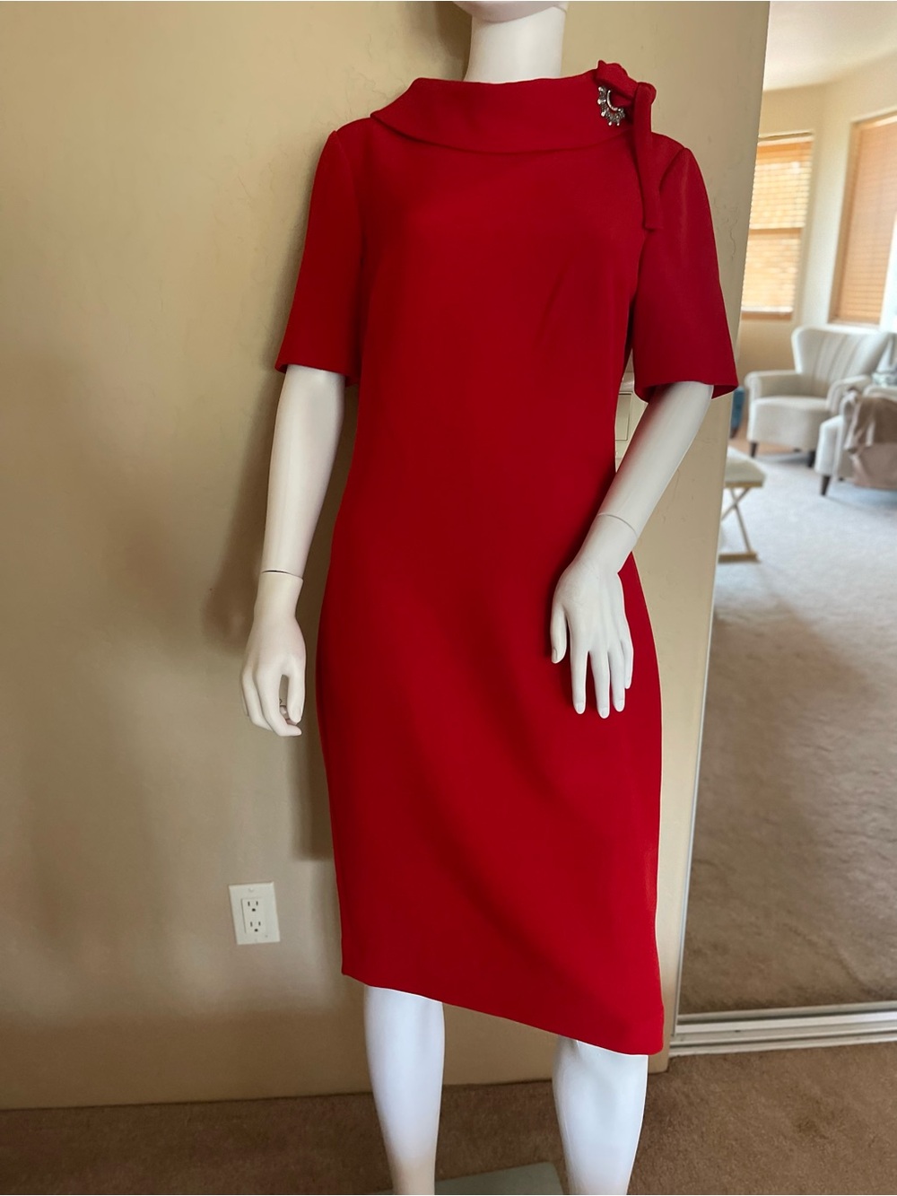 Badgley Mischka Red Midi Sheath Dress with Shoulder Brooch